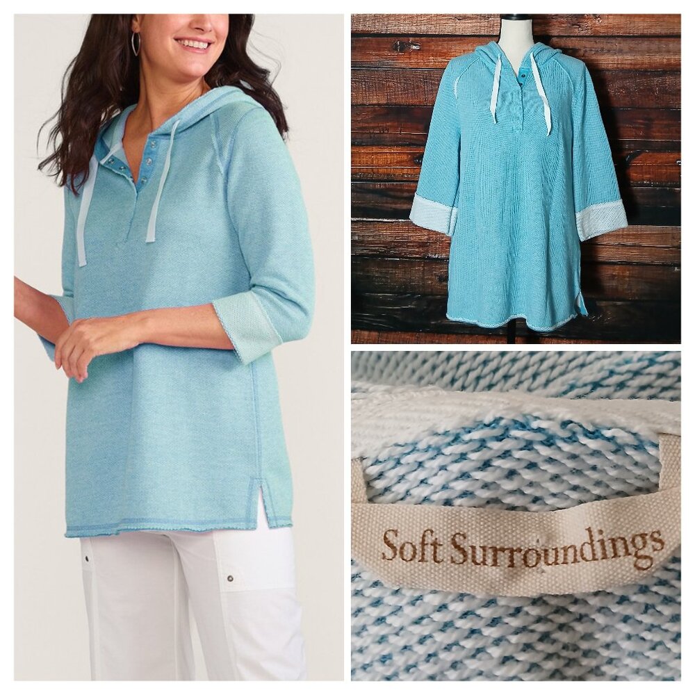 Soft Surroundings L Just Beachy Pullover Hoodie French Terry 3/4 Sleeve Aqua